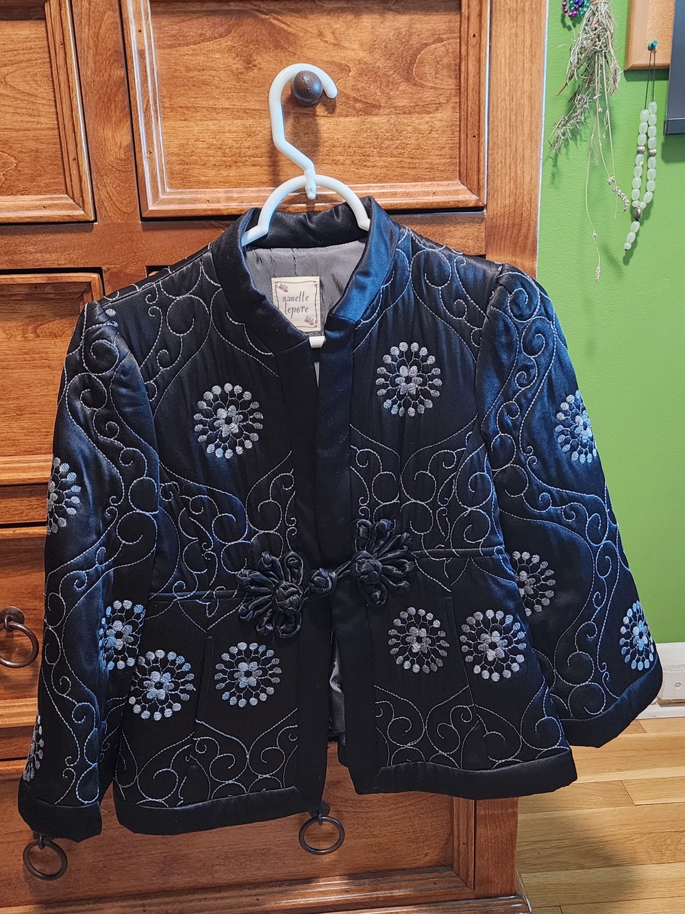 Nanette Lepore Black 3/4 Sleeve Embroidered Jacket with Grey Floral Medallions